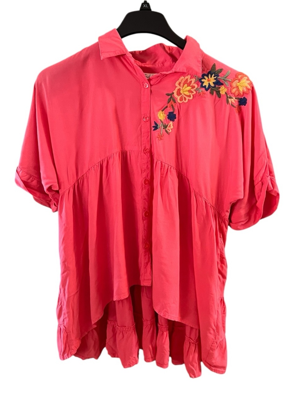 Solitaire Pink Floral-Embroidered Button Front Blouse Oversized Tiered